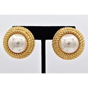 Sphinx Vintage Pearl Gold Rope Clip On Earrings Round Statement Chunky 80s BinAF